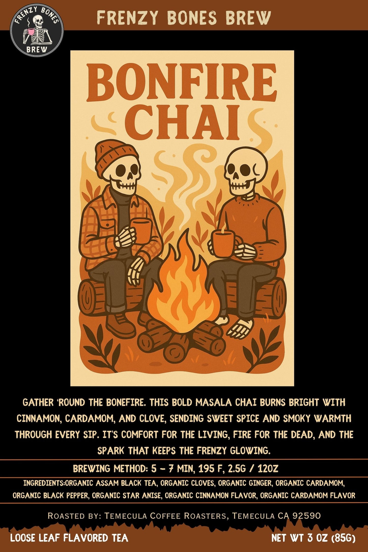 Bonefire Chai tea bag with skeletons warming by a fire illustration