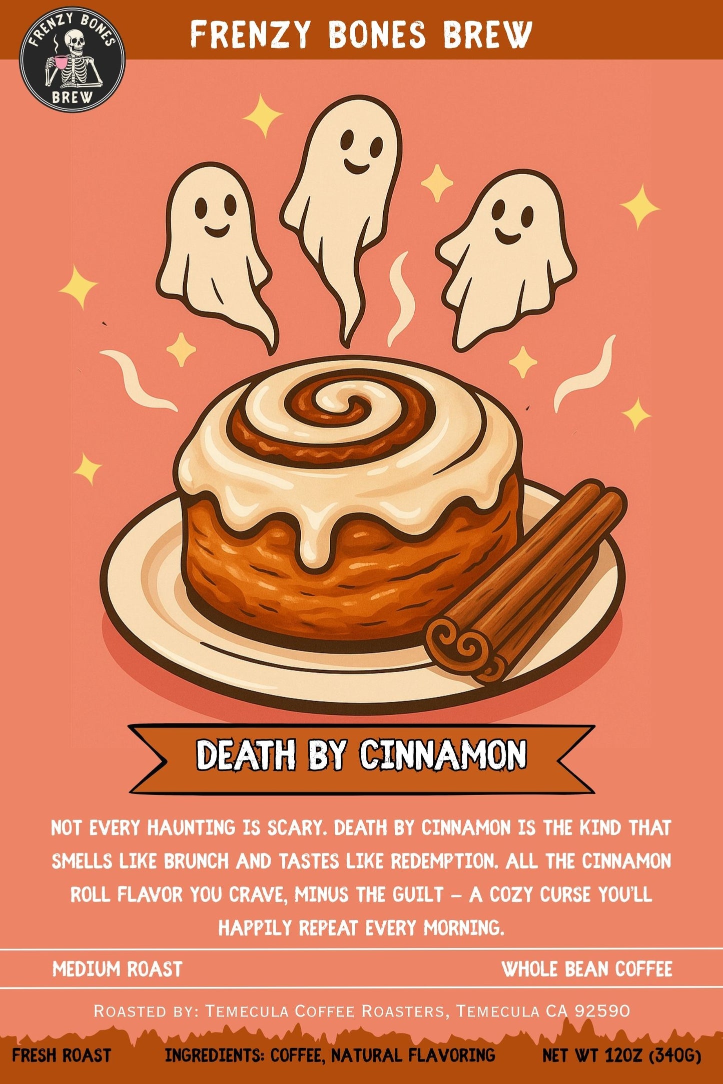 Death by Cinnamon coffee bag art with skeleton and cinnamon swirl artwork.