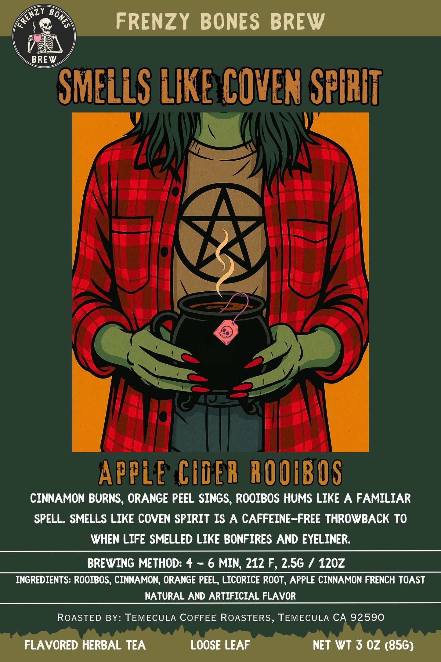Smells Like Coven Spirit tea label with witchy grunge art and autumn tones.