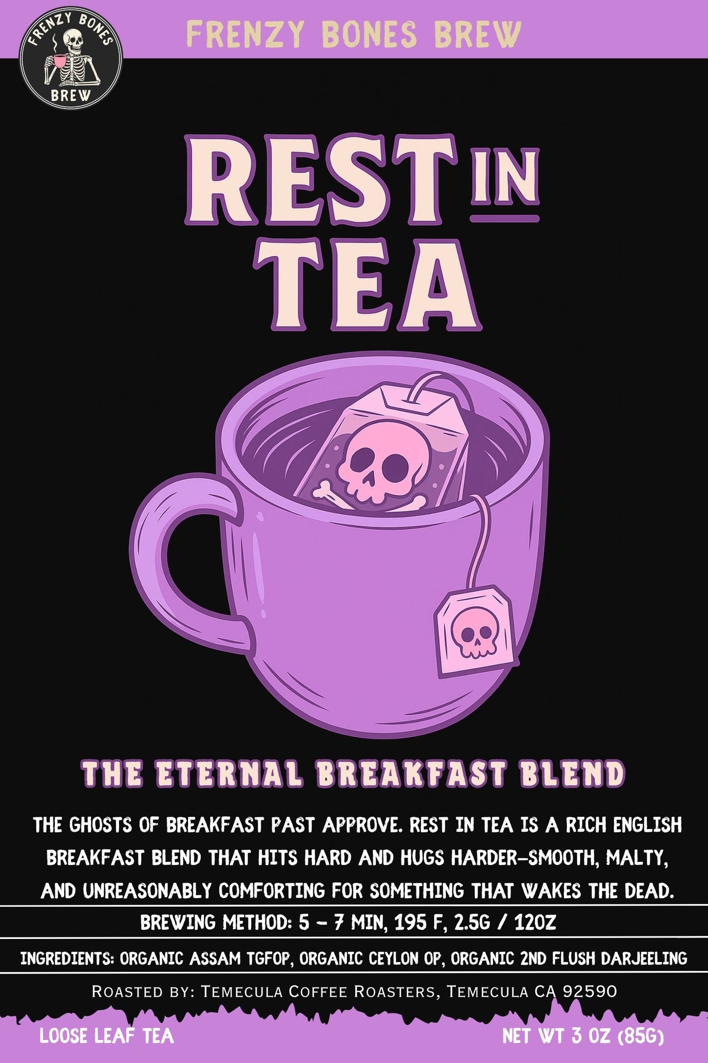 Tea packaging with a purple cup and skull design on a black background, featuring 'Frenzy Bones Brew branding.