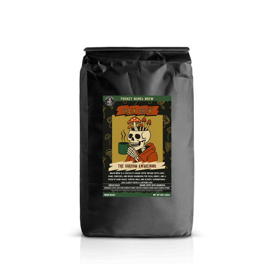 Brain Brew by Frenzy Bones—mushroom coffee for focus and energy. Mushroom coffee blend featuring Lion’s Mane, Reishi, and Cordyceps
