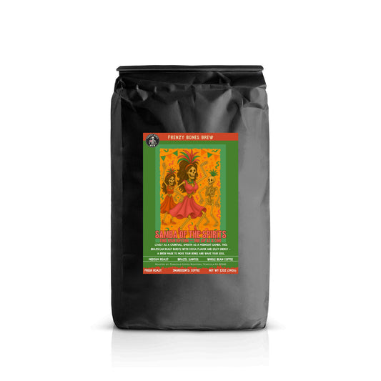 Samba of the Spirits coffee bag with vibrant skeleton carnival design