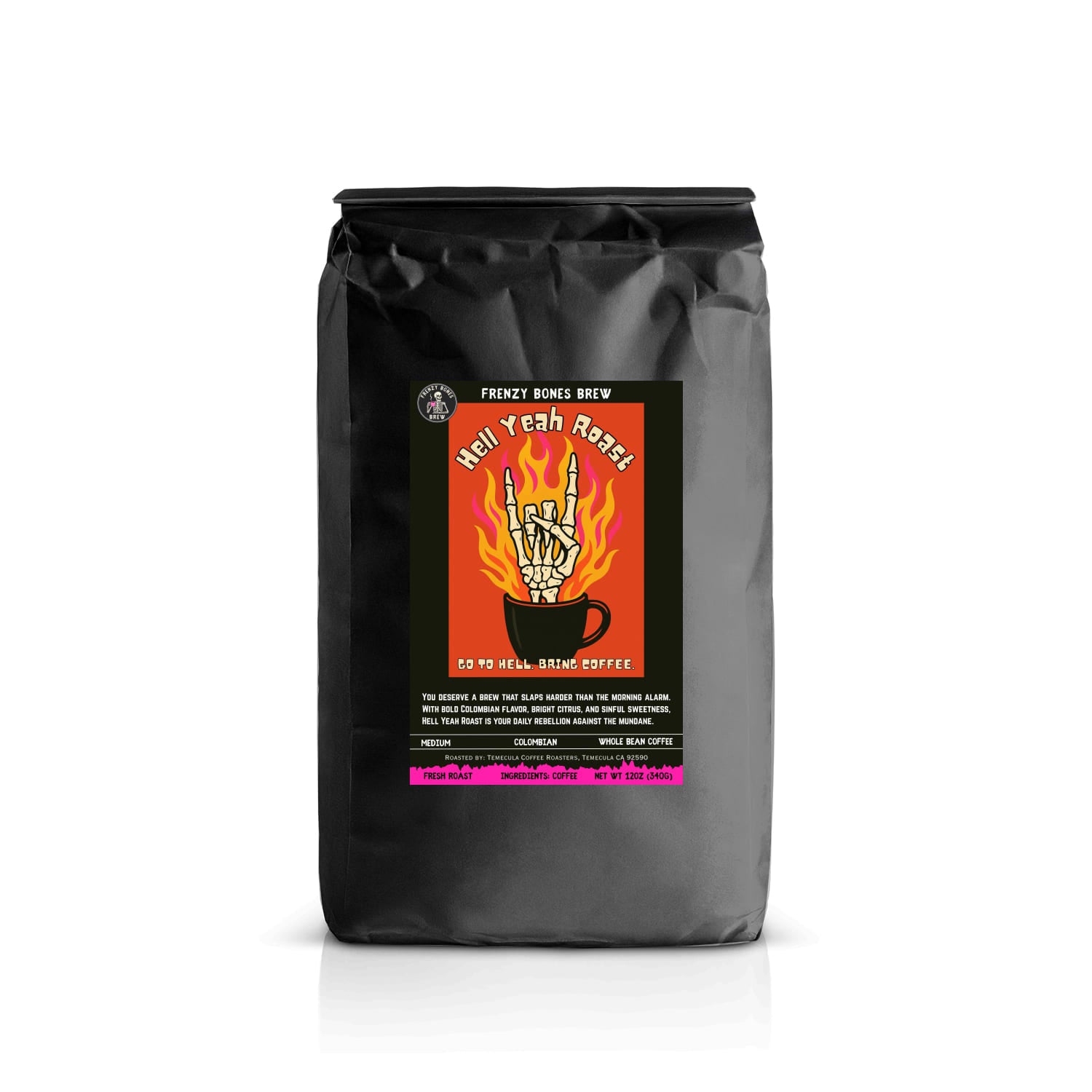 Frenzy Bones Hell Yeah Roast | Bold Colombian Coffee - Skeleton hand coming out of coffee mug.