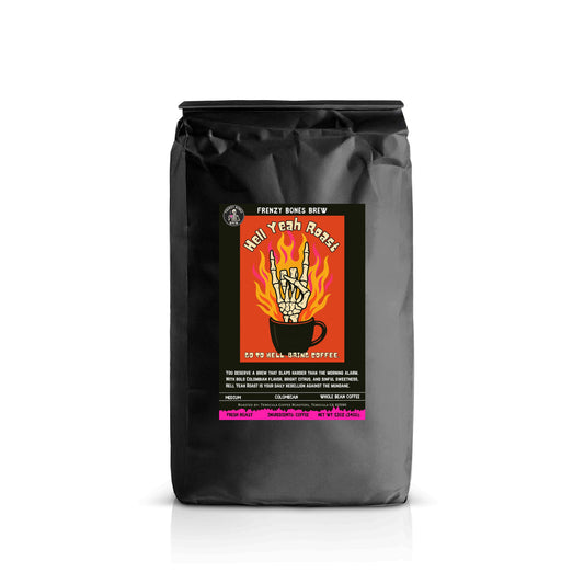 Frenzy Bones Hell Yeah Roast | Bold Colombian Coffee - Skeleton hand coming out of coffee mug.