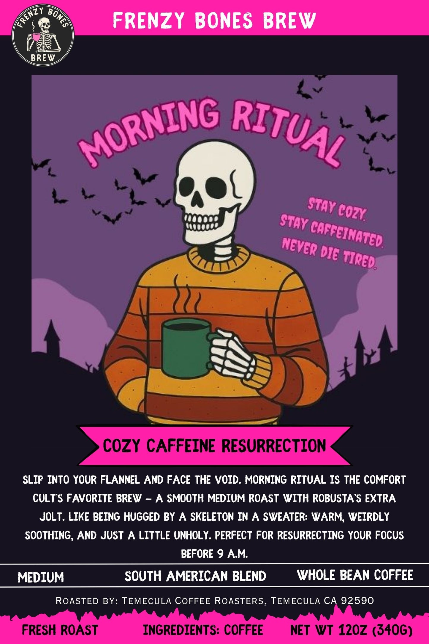 Morning Ritual coffee bag label with skeleton-in-sweater artwork and warm tones