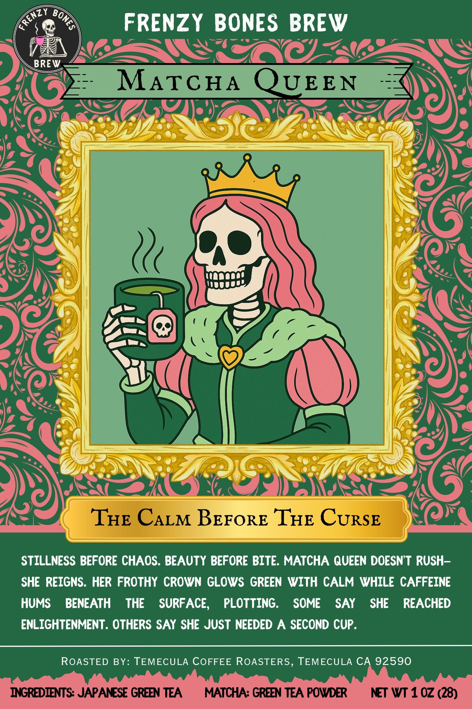 Matcha Queen tea art with vibrant green skeleton artwork and regal design