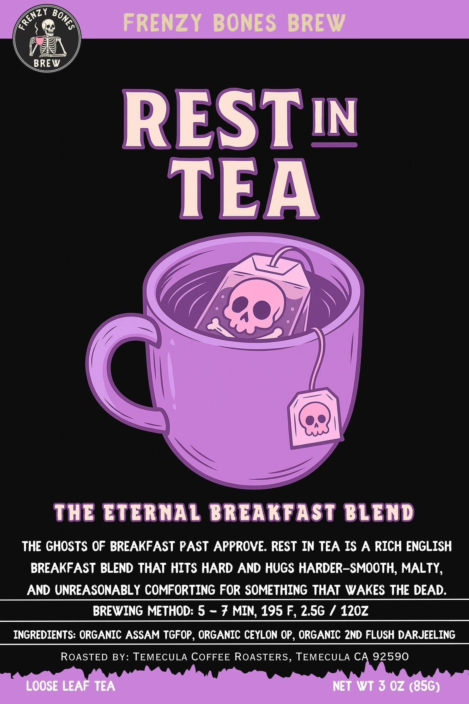 Tea packaging with a purple cup and skull design on a black background, featuring 'Frenzy Bones Brew branding.