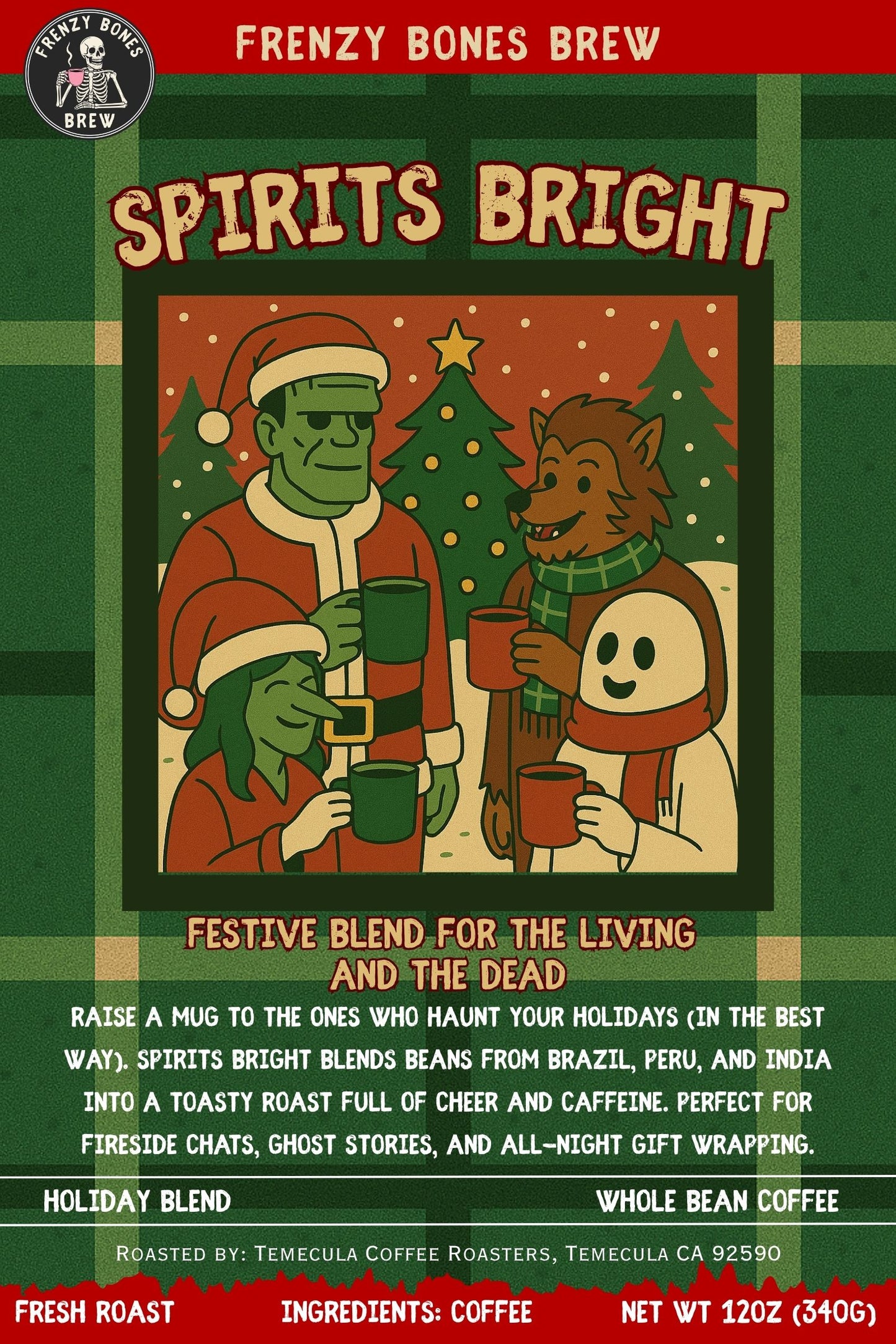 Coffee label for 'Spirits Bright' with characters in holiday attire on a green background