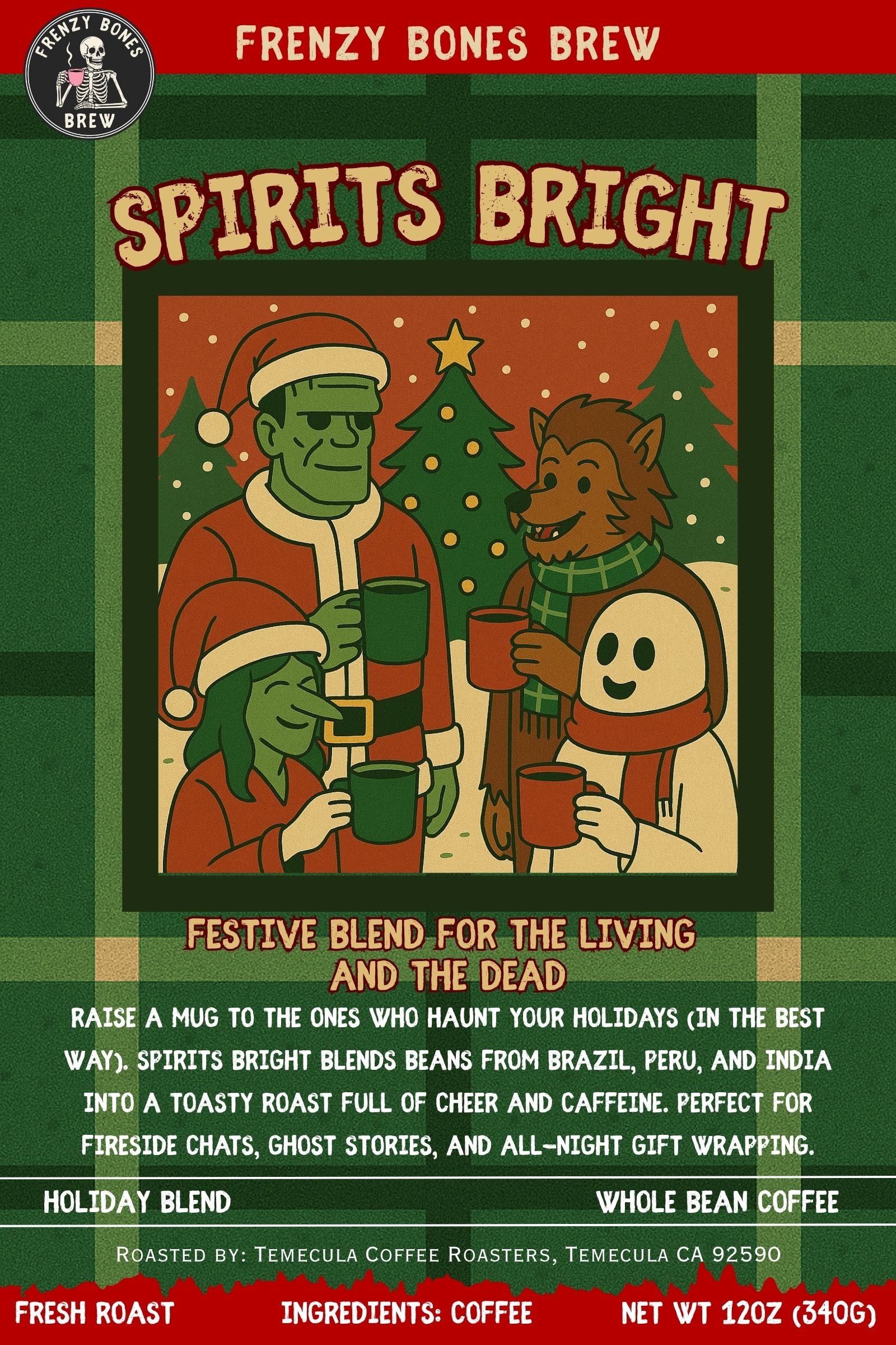 Coffee label for 'Spirits Bright' with characters in holiday attire on a green background