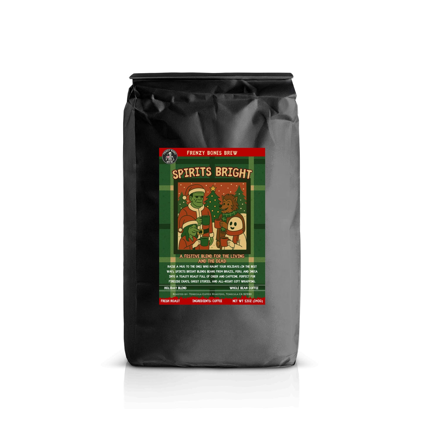 Spirits Bright by Frenzy Bones—holiday blend medium roast coffee