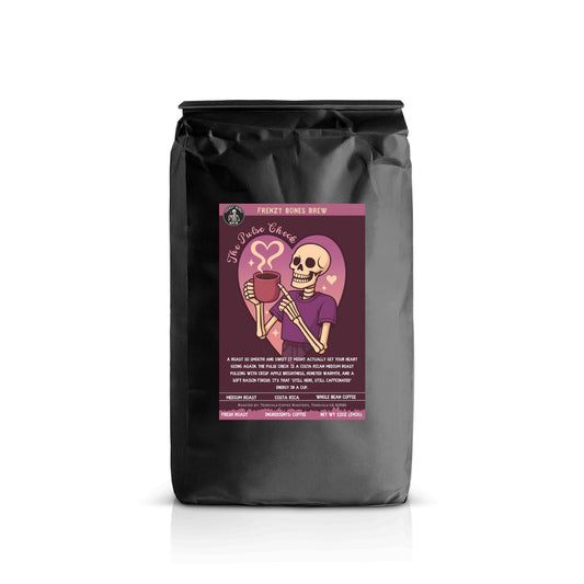 The Pulse Check | Costa Rican Medium Roast by Frenzy Bones Brews. Coffee Bag art featuring skeleton checking pulse with hearts.
