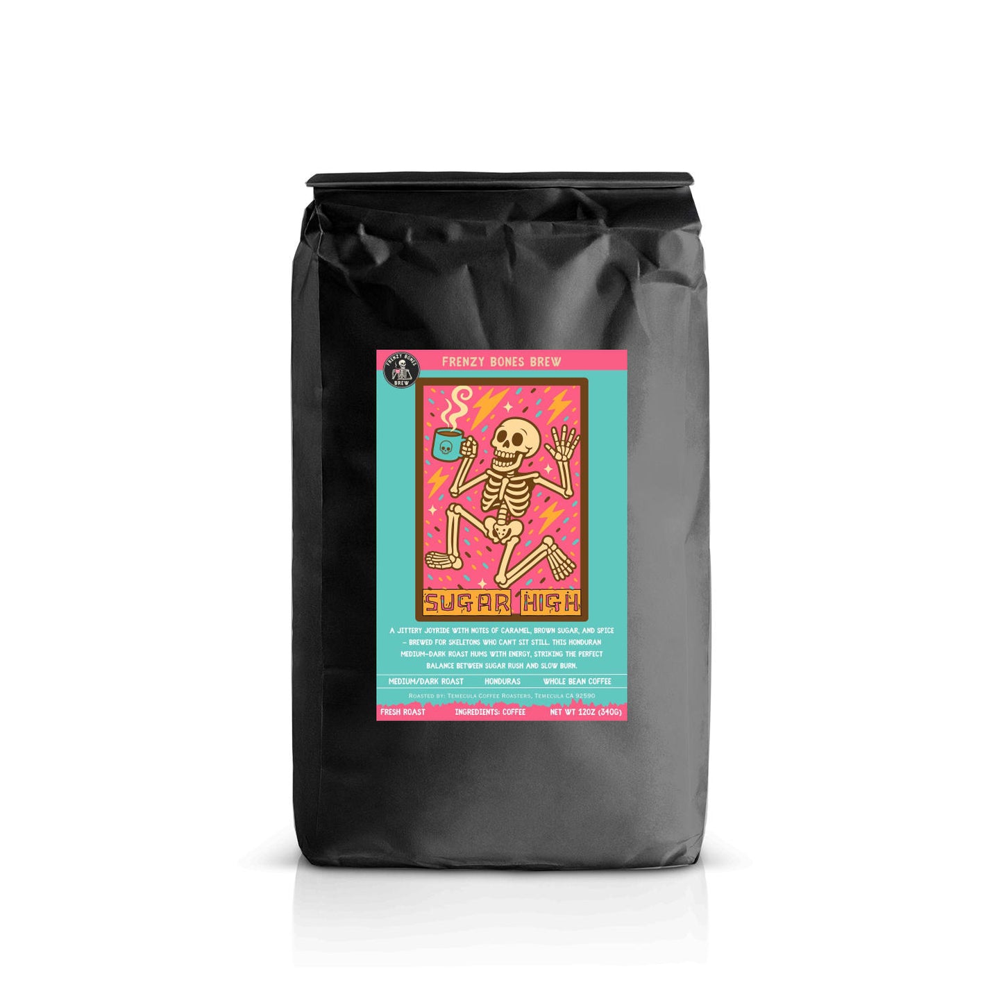 Medium-dark Honduran coffee beans with caramel and spice beside Jitterbug bag